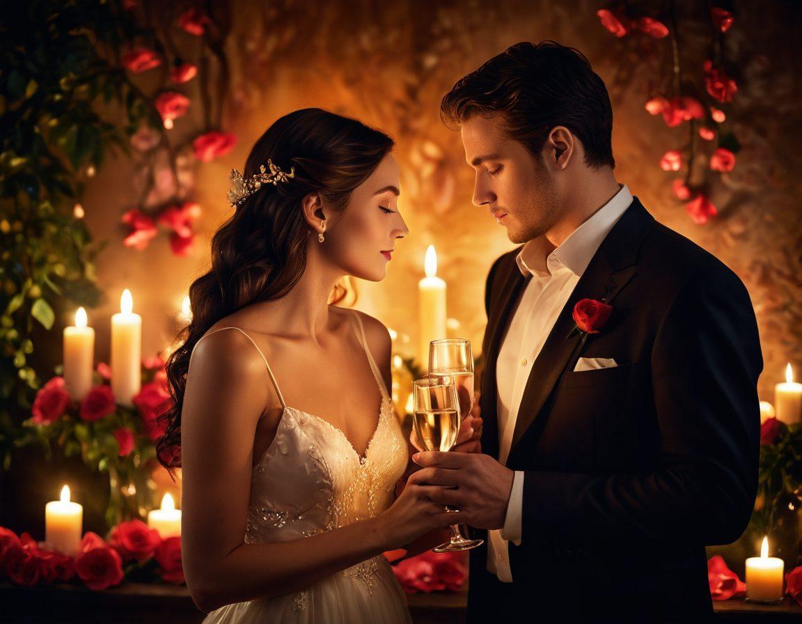 A captivating scene depicting a couple in a lush, intimate setting surrounded by soft candlelight, whispering secrets to each other, their faces illuminated by a warm glow. Incorporate subtle symbols of romance like rose petals and champagne glasses, while emphasizing their deep connection and vibrant emotions. Include a blurred, ethereal background that suggests mystery and allure. super-realistic. vibrant colors. soft focus.