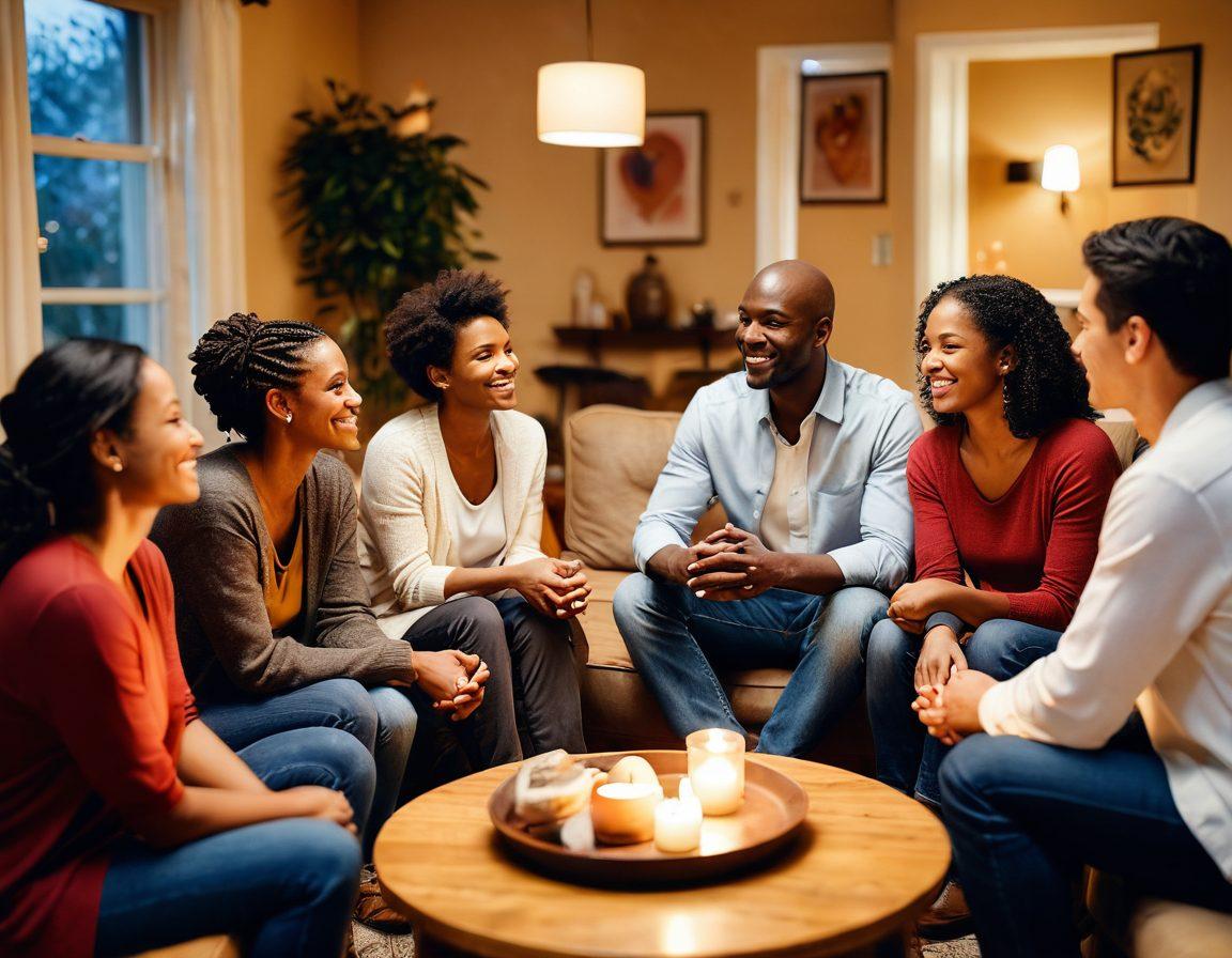 A warm, inviting scene illustrating a diverse group of adults engaging in open communication, emphasizing healthy intimate connections. Include soft lighting, cozy surroundings, and subtle symbols of trust and understanding, like hearts or interconnected circles. Capture emotions such as comfort, support, and authenticity. super-realistic. vibrant colors. soft focus.