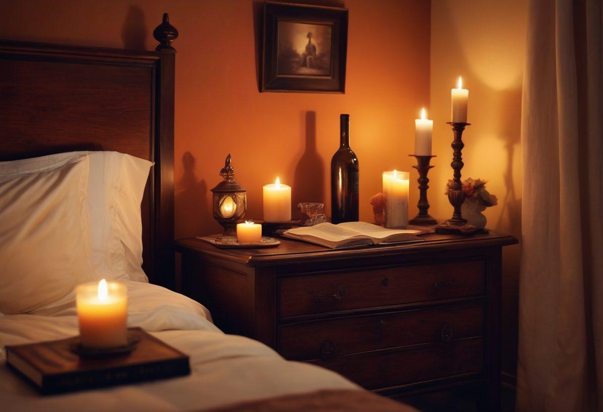 An intimate setting featuring a softly lit bedroom with candles, delicate fabrics, and subtle hints of romance, such as a glass of wine on the nightstand. In the foreground, silhouettes of two figures engaging in deep conversation, symbolizing connection and exploration of relationships. Background elements like open books on intimacy and relaxation items create a cozy ambiance. Colors should be warm and inviting with a touch of mystery. super-realistic. warm tones. soft focus.